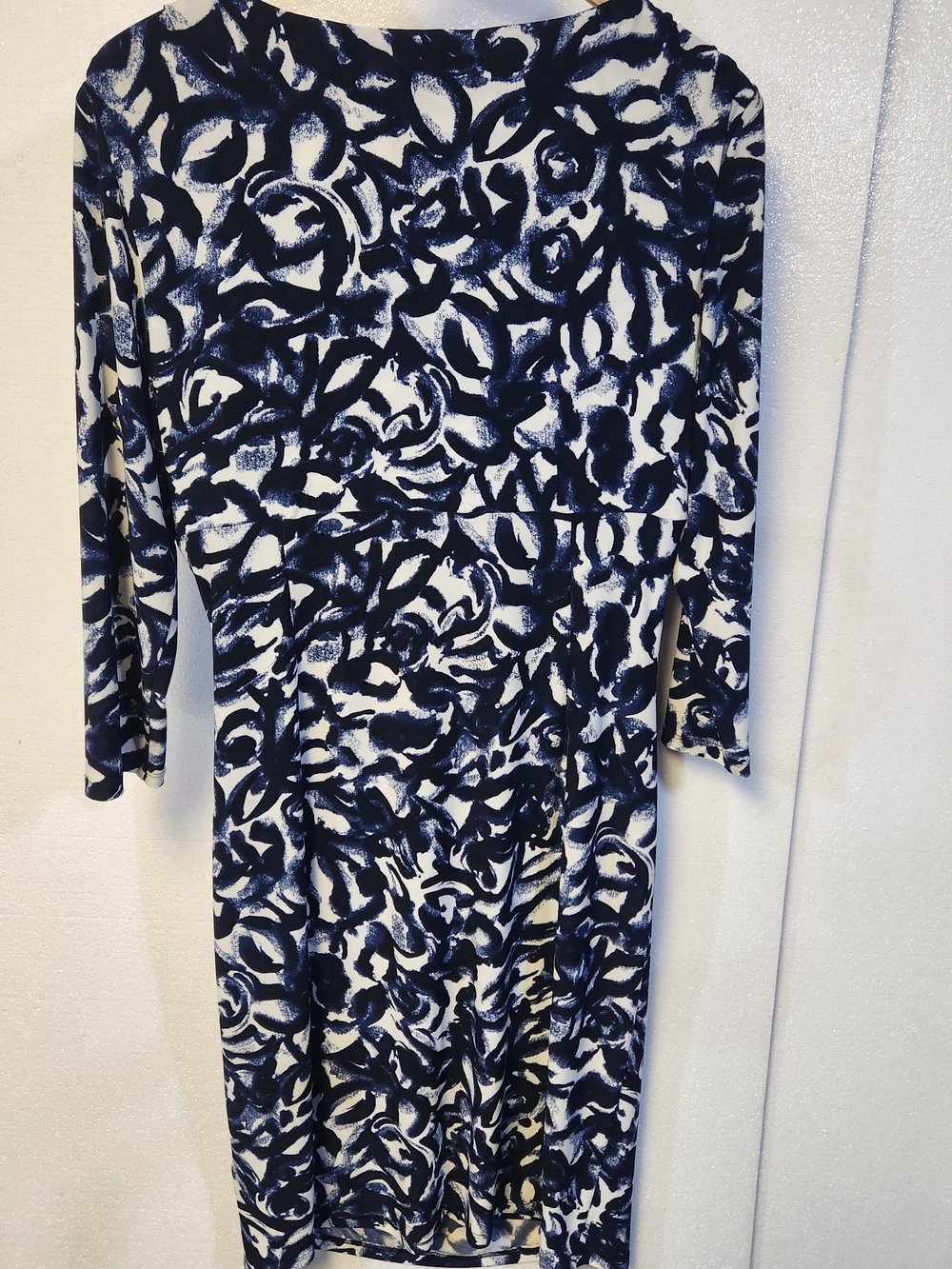Lauren Ralph Lauren Ruched Midi Dress Blue White Workwear Women 14 Office Stretc